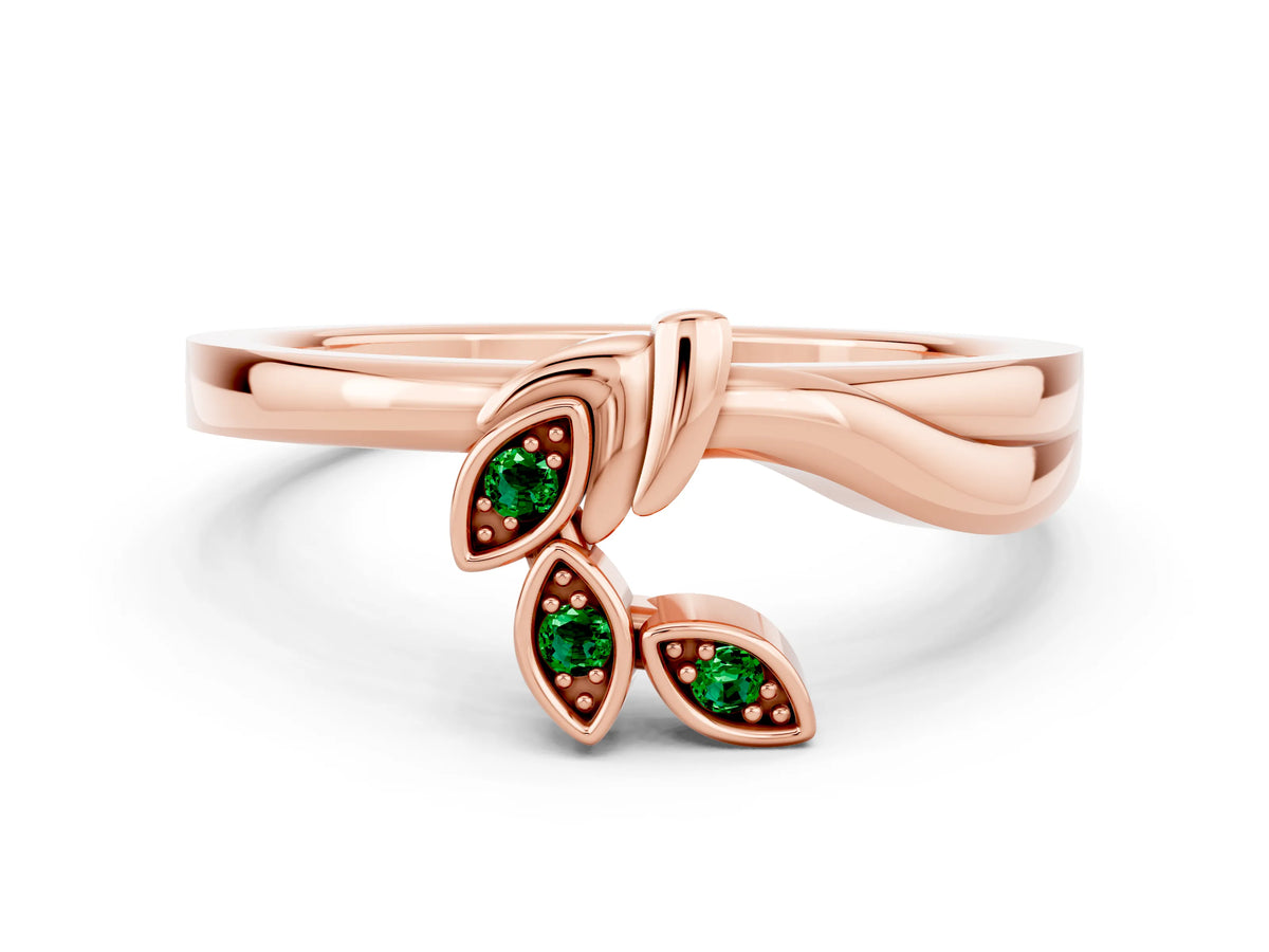 Three-Stone Round Emerald Leaf Bypass Ring in Rose gold with Bezel Setting