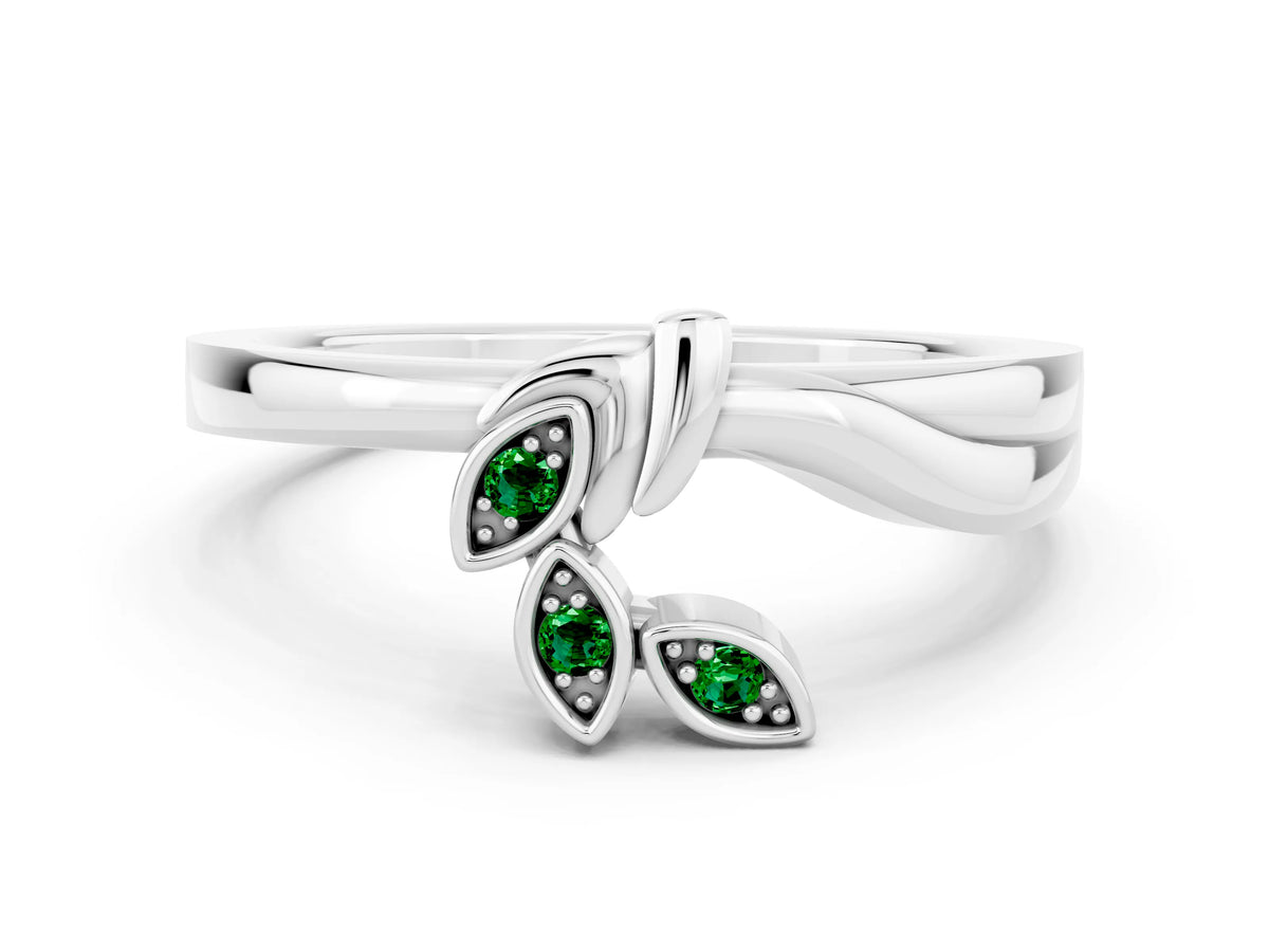 Three-Stone Round Emerald Leaf Bypass Ring in Silver with Bezel Setting