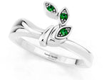 Three-Stone Round Emerald Leaf Bypass Ring in Silver with Bezel Setting_1