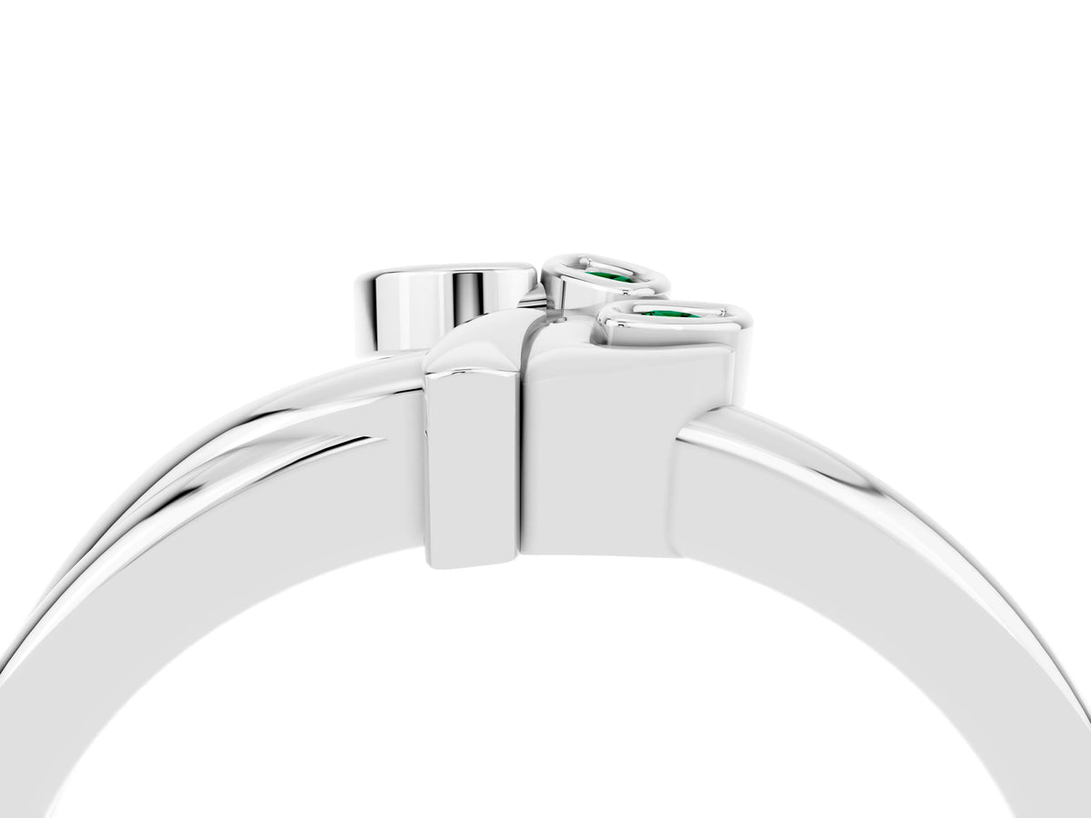 Three-Stone Round Emerald Leaf Bypass Ring in White gold with Bezel Setting_4