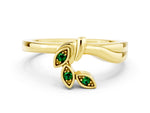 Three-Stone Round Emerald Leaf Bypass Ring in Yellow gold with Bezel Setting