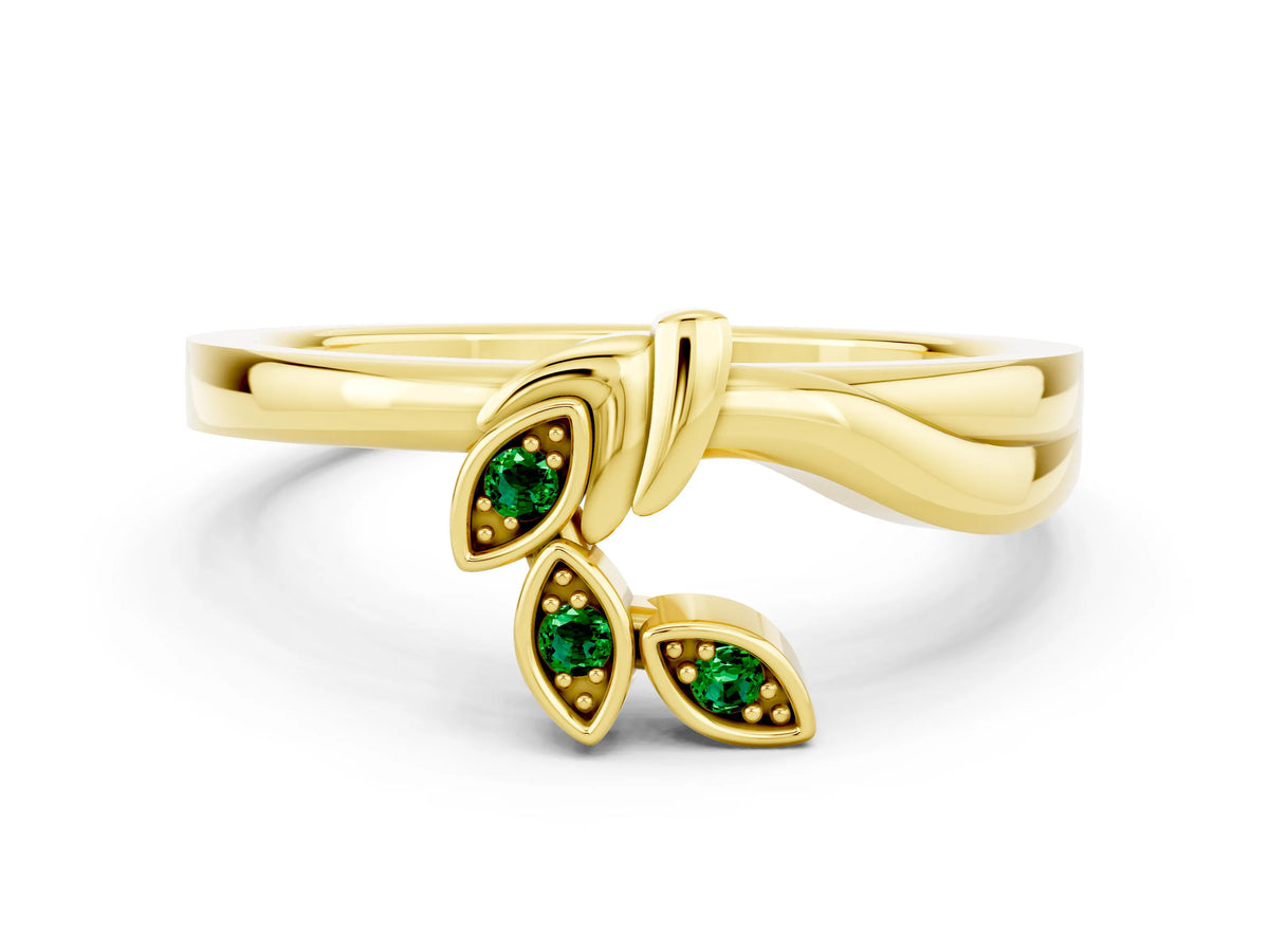 Three-Stone Round Emerald Leaf Bypass Ring in Yellow gold with Bezel Setting