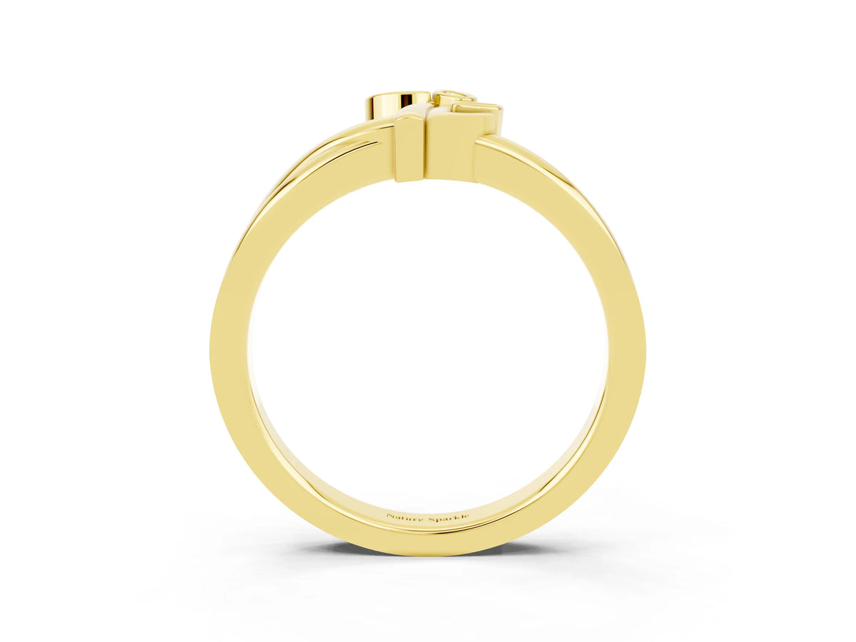 Three-Stone Round Emerald Leaf Bypass Ring in Yellow gold with Bezel Setting_3