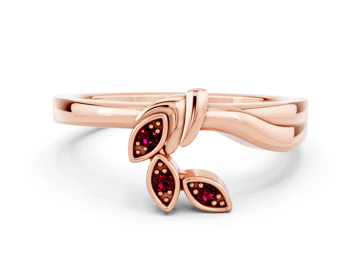 Three-Stone Round Garnet Leaf Bypass Ring in Rose gold with Bezel Setting