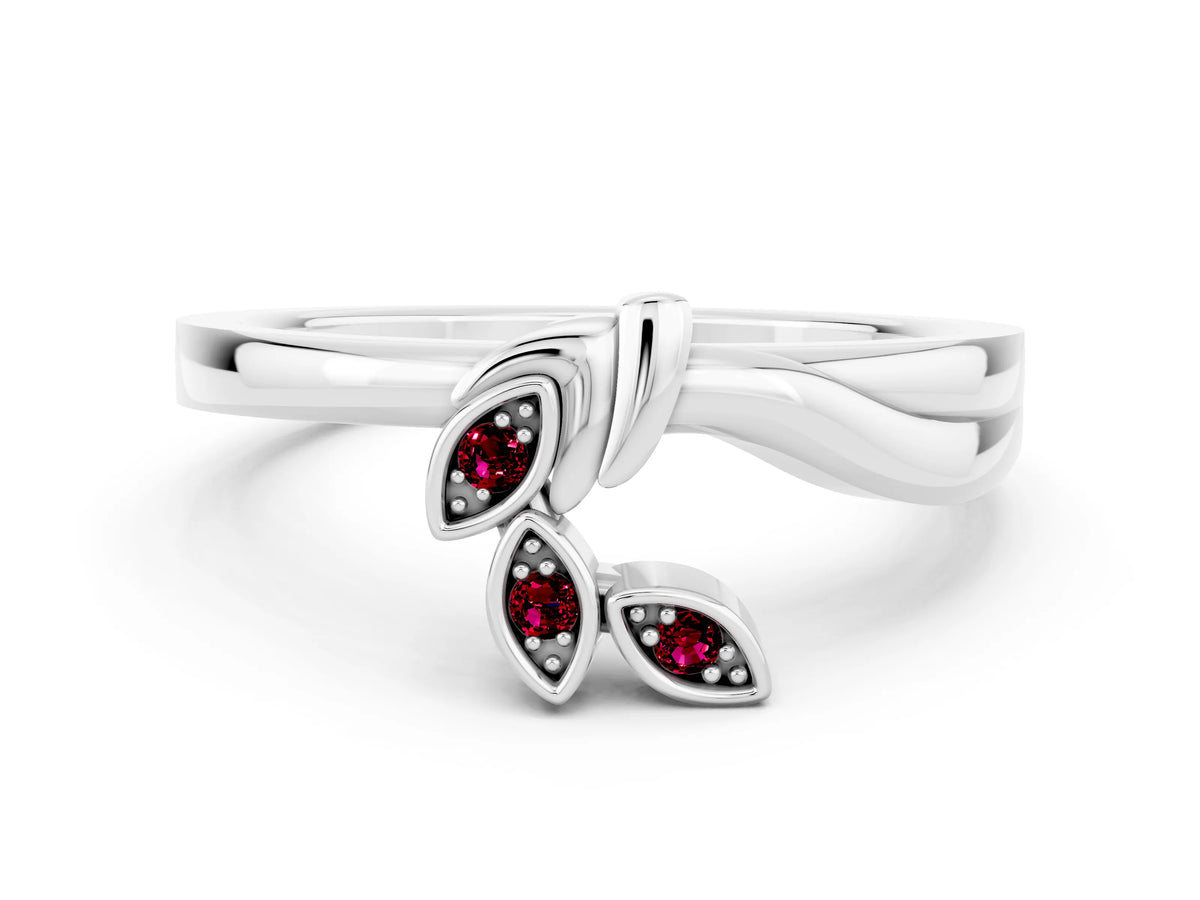 Three-Stone Round Garnet Leaf Bypass Ring in Silver with Bezel Setting