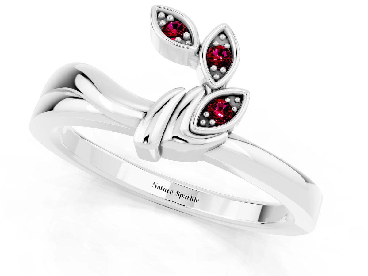 Three-Stone Round Garnet Leaf Bypass Ring in White gold with Bezel Setting_1