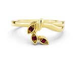 Three-Stone Round Garnet Leaf Bypass Ring in Yellow gold with Bezel Setting