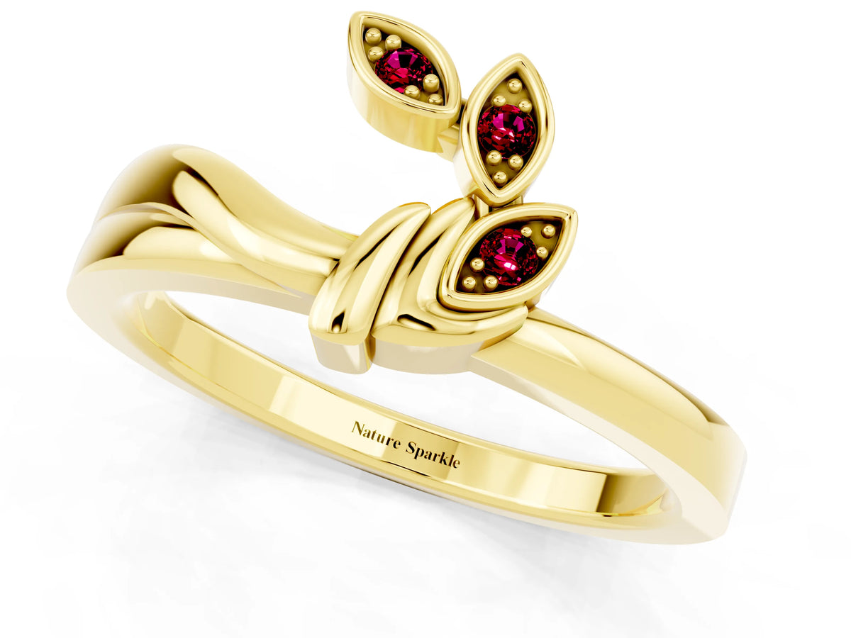 Three-Stone Round Garnet Leaf Bypass Ring in Yellow gold with Bezel Setting_1