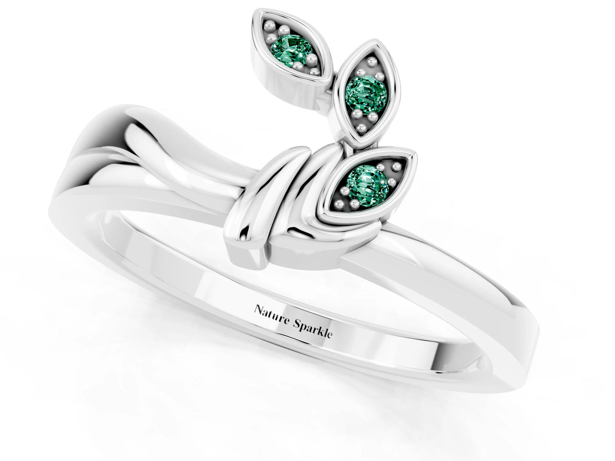 Three-Stone Round Green Sapphire Leaf Bypass Ring in Platinum with Bezel Setting_1