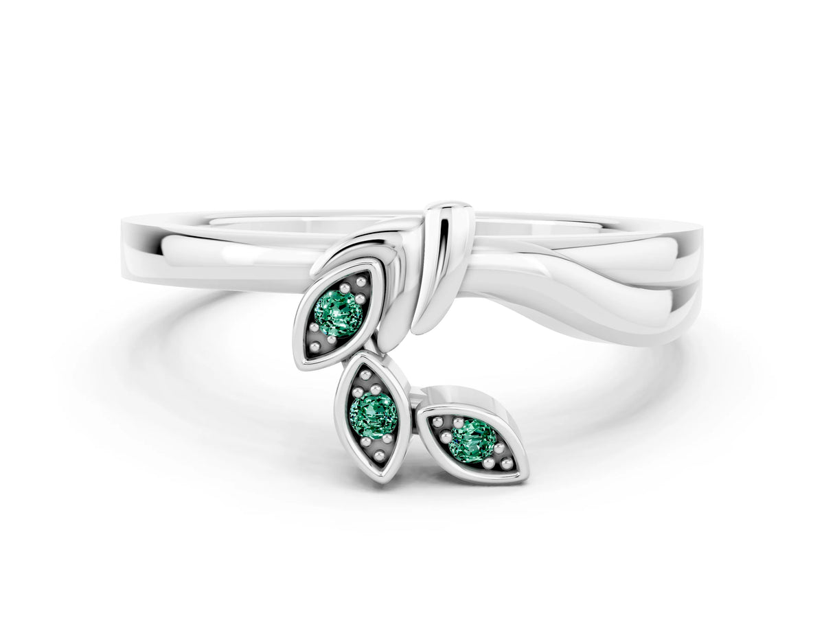 Three-Stone Round Green Sapphire Leaf Bypass Ring in Silver with Bezel Setting