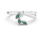 Three-Stone Round Green Sapphire Leaf Bypass Ring in White gold with Bezel Setting