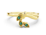Three-Stone Round Green Sapphire Leaf Bypass Ring in Yellow gold with Bezel Setting