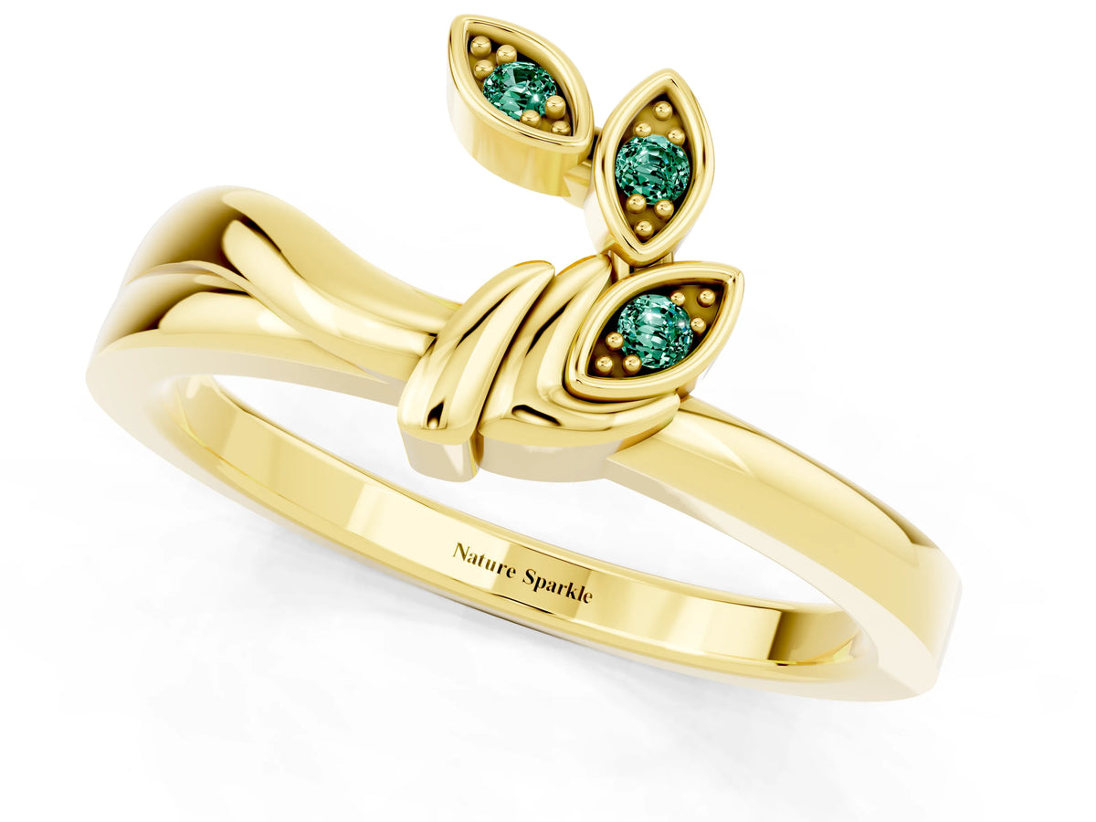 Three-Stone Round Green Sapphire Leaf Bypass Ring in Yellow gold with Bezel Setting_1