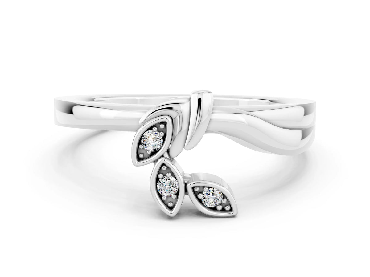 Three-Stone Round Moissanite Leaf Bypass Ring in Silver with Bezel Setting
