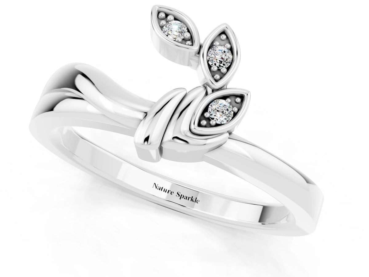 Three-Stone Round Moissanite Leaf Bypass Ring in Silver with Bezel Setting_1