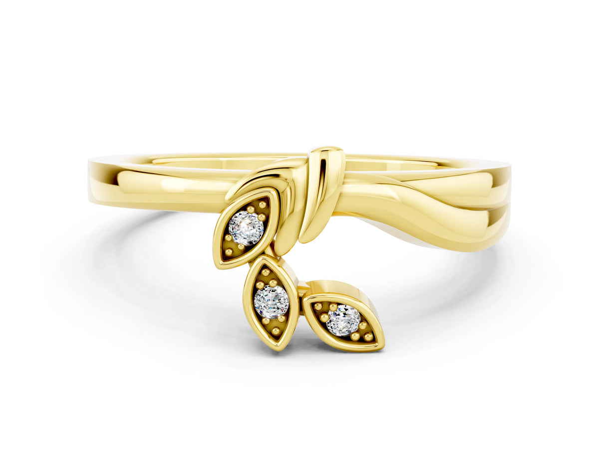 Three-Stone Round Moissanite Leaf Bypass Ring in Yellow gold with Bezel Setting