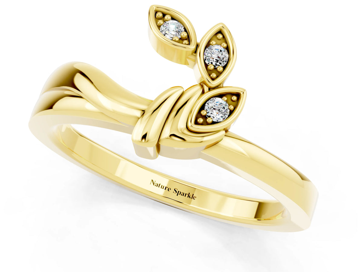 Three-Stone Round Moissanite Leaf Bypass Ring in Yellow gold with Bezel Setting_1