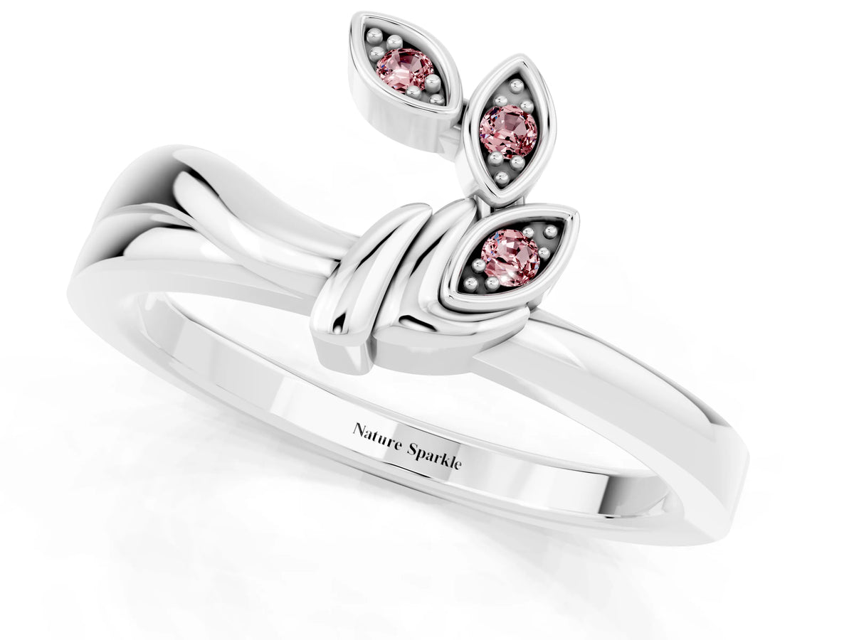 Three-Stone Round Morganite Leaf Bypass Ring in Platinum with Bezel Setting_1