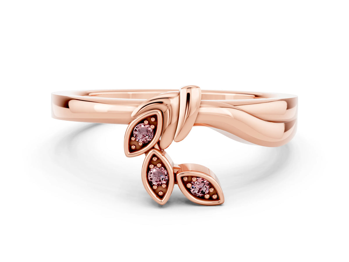 Three-Stone Round Morganite Leaf Bypass Ring in Rose gold with Bezel Setting