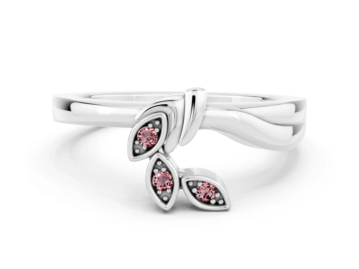 Three-Stone Round Morganite Leaf Bypass Ring in White gold with Bezel Setting