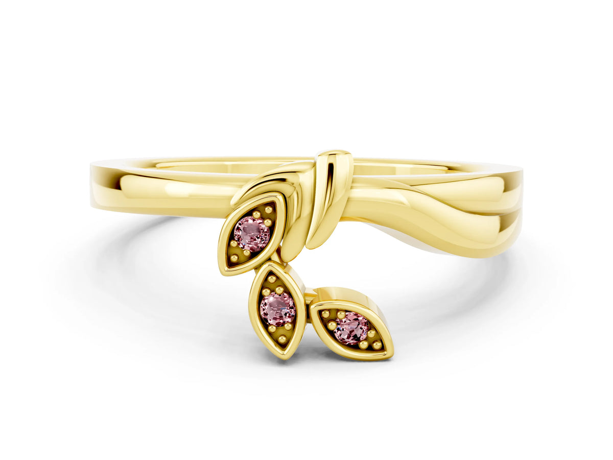 Three-Stone Round Morganite Leaf Bypass Ring in Yellow gold with Bezel Setting