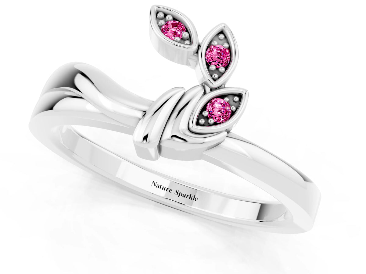 Three-Stone Round Pink Sapphire Leaf Bypass Ring in Platinum with Bezel Setting_1
