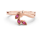 Three-Stone Round Pink Sapphire Leaf Bypass Ring in Rose gold with Bezel Setting