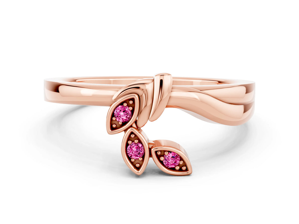 Three-Stone Round Pink Sapphire Leaf Bypass Ring in Rose gold with Bezel Setting