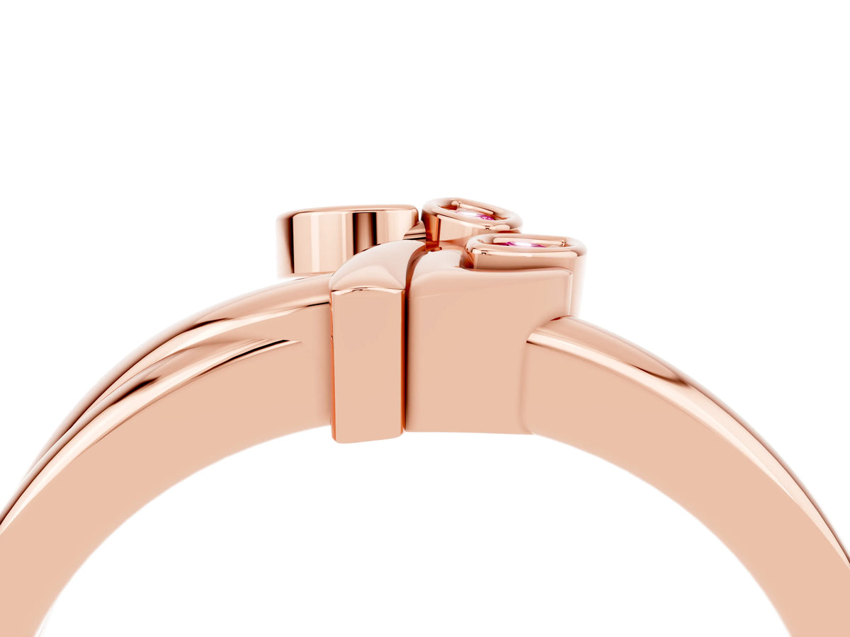 Three-Stone Round Pink Sapphire Leaf Bypass Ring in Rose gold with Bezel Setting_4