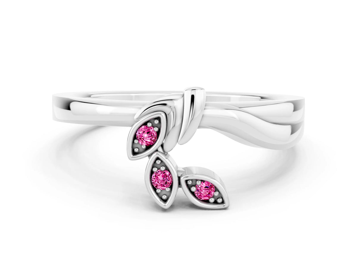 Three-Stone Round Pink Sapphire Leaf Bypass Ring in Silver with Bezel Setting
