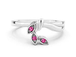 Three-Stone Round Pink Sapphire Leaf Bypass Ring in White gold with Bezel Setting
