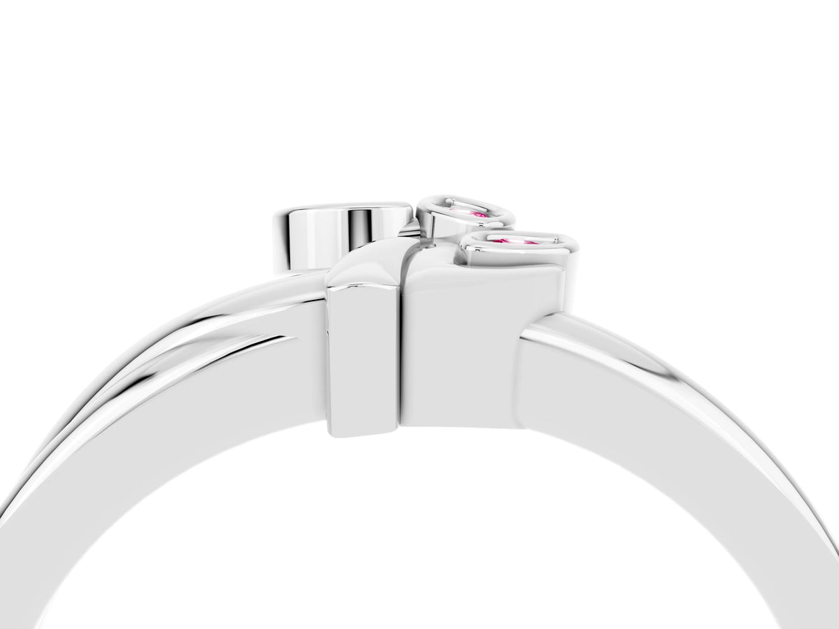 Three-Stone Round Pink Sapphire Leaf Bypass Ring in White gold with Bezel Setting_4