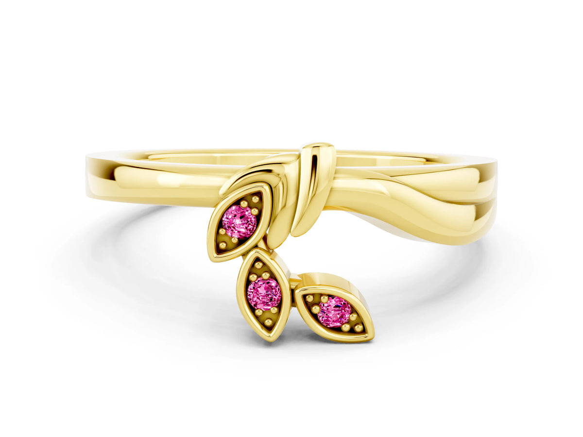 Three-Stone Round Pink Sapphire Leaf Bypass Ring in Yellow gold with Bezel Setting