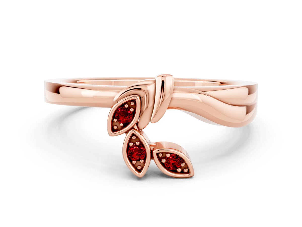Three-Stone Round Ruby Leaf Bypass Ring in Rose gold with Bezel Setting