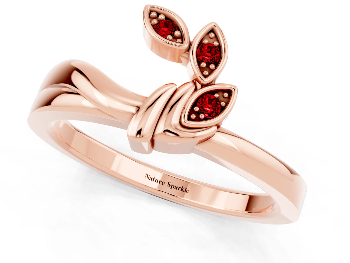 Three-Stone Round Ruby Leaf Bypass Ring in Rose gold with Bezel Setting_1