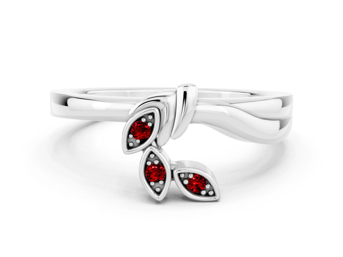 Three-Stone Round Ruby Leaf Bypass Ring in White gold with Bezel Setting
