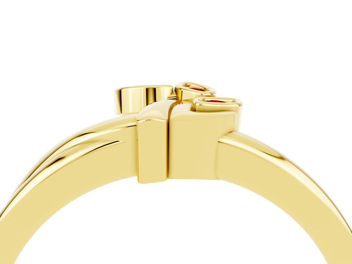 Three-Stone Round Ruby Leaf Bypass Ring in Yellow gold with Bezel Setting_4