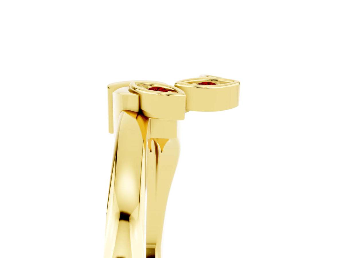 Three-Stone Round Ruby Leaf Bypass Ring in Yellow gold with Bezel Setting_5