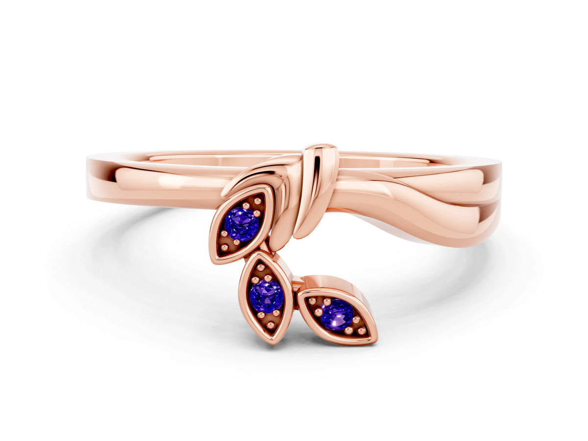 Three-Stone Round Tanzanite Leaf Bypass Ring in Rose gold with Bezel Setting