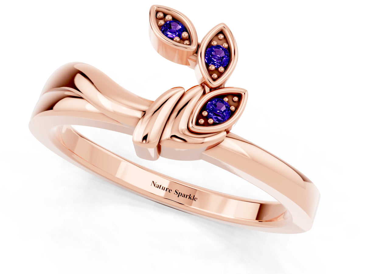 Three-Stone Round Tanzanite Leaf Bypass Ring in Rose gold with Bezel Setting_1