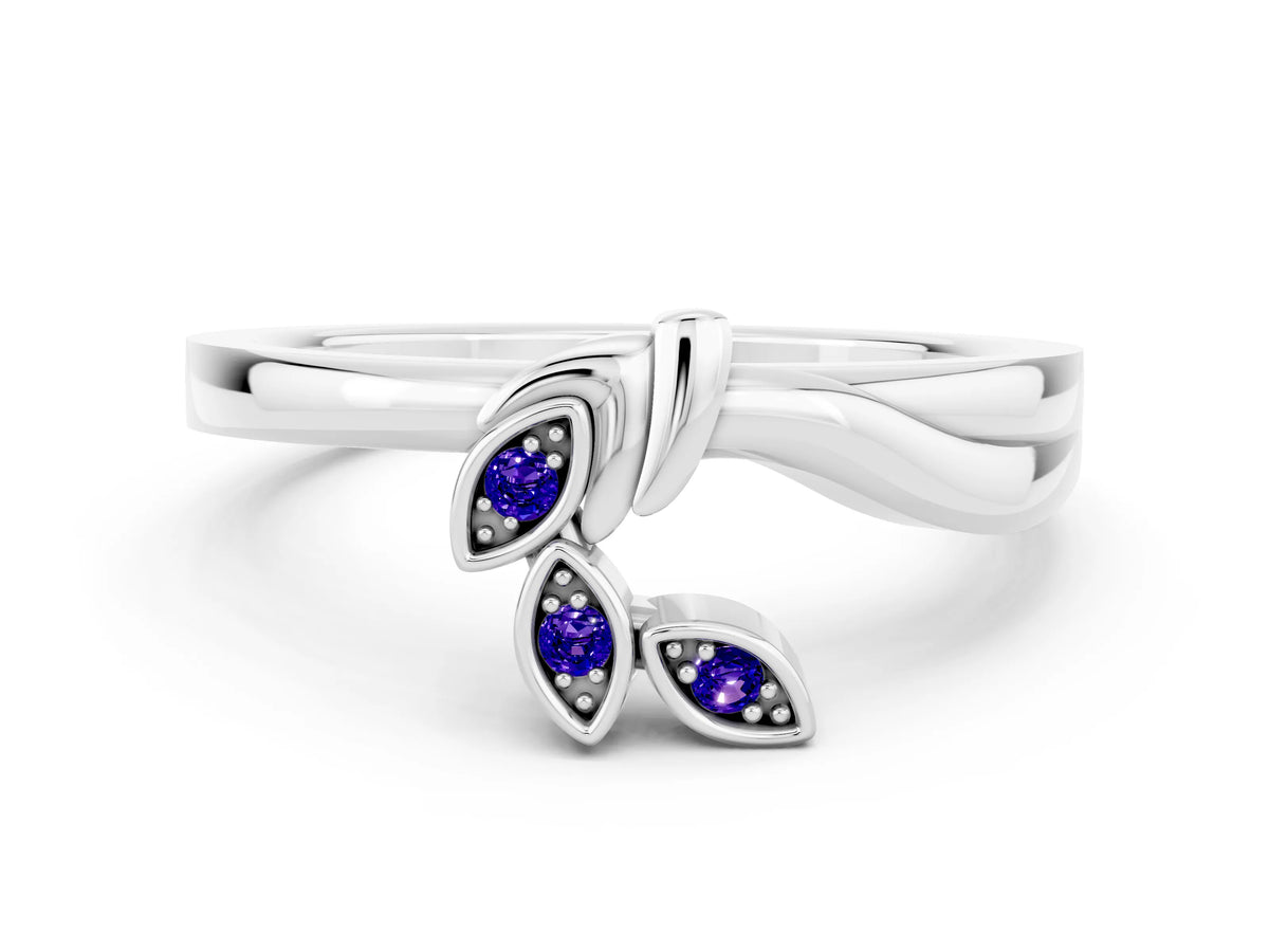 Three-Stone Round Tanzanite Leaf Bypass Ring in White gold with Bezel Setting