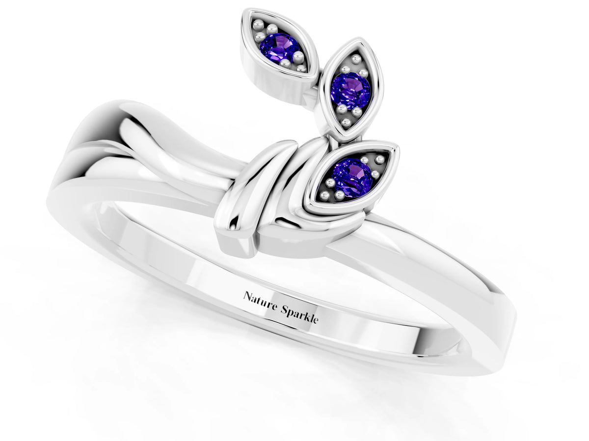 Three-Stone Round Tanzanite Leaf Bypass Ring in White gold with Bezel Setting_1