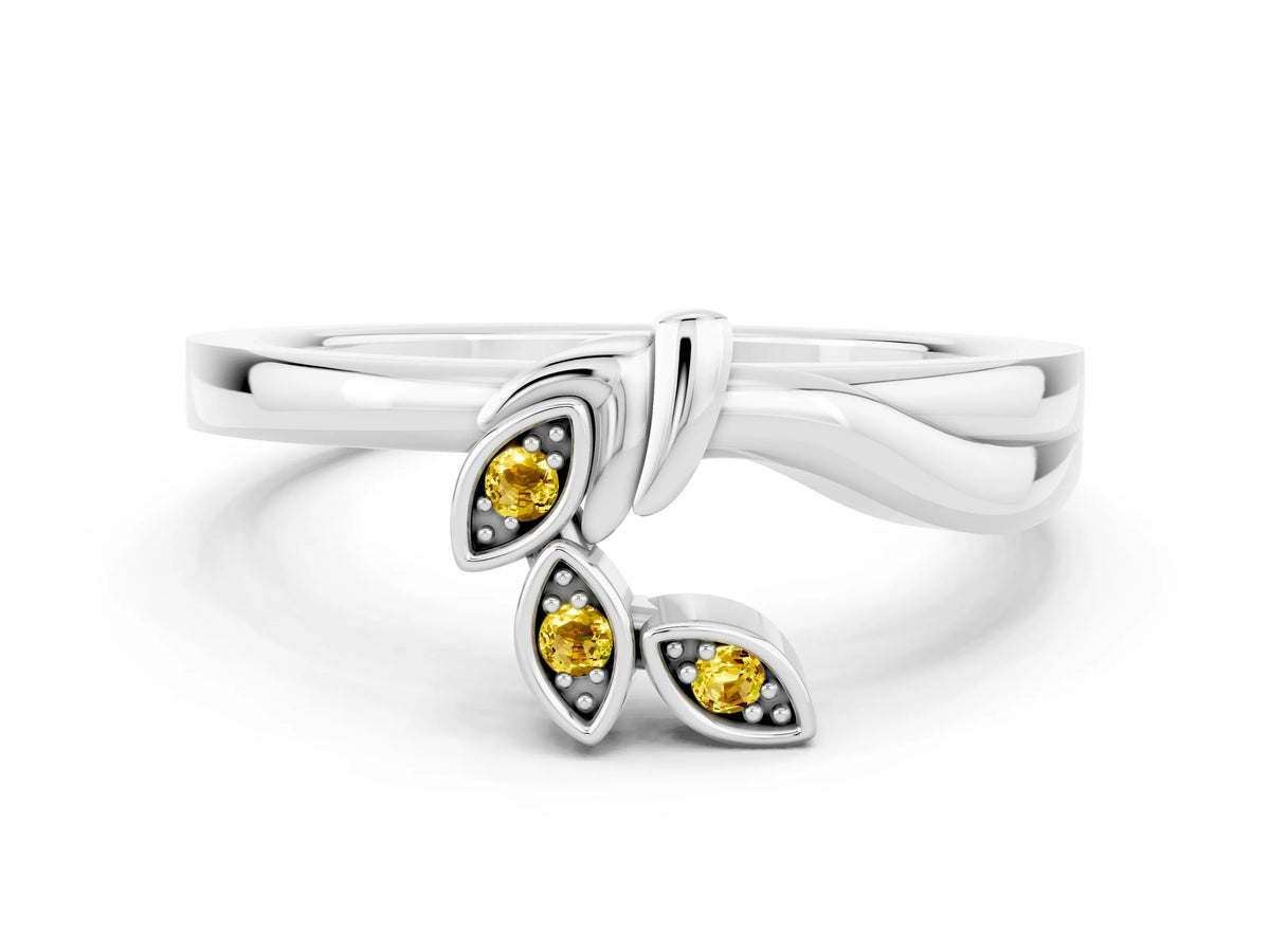 Three-Stone Round Yellow Sapphire Leaf Bypass Ring in Platinum with Bezel Setting