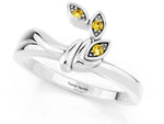 Three-Stone Round Yellow Sapphire Leaf Bypass Ring in Platinum with Bezel Setting_1
