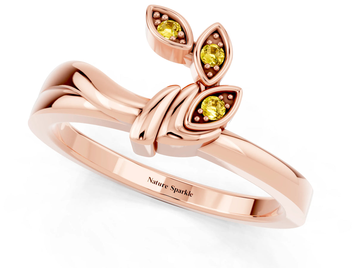 Three-Stone Round Yellow Sapphire Leaf Bypass Ring in Rose gold with Bezel Setting_1