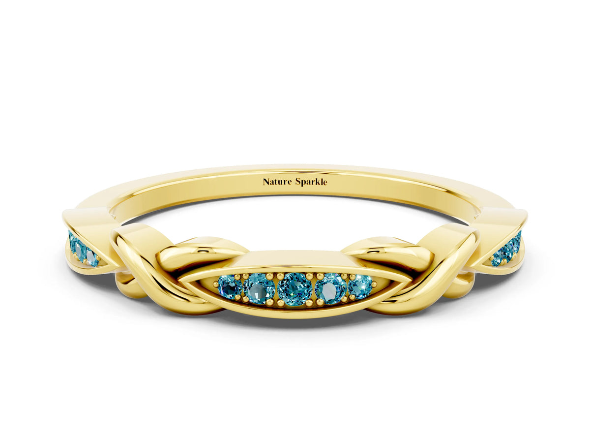 Twisted Marquise Blue Topaz Pavé Band in Yellow gold with Shared Prong Setting
