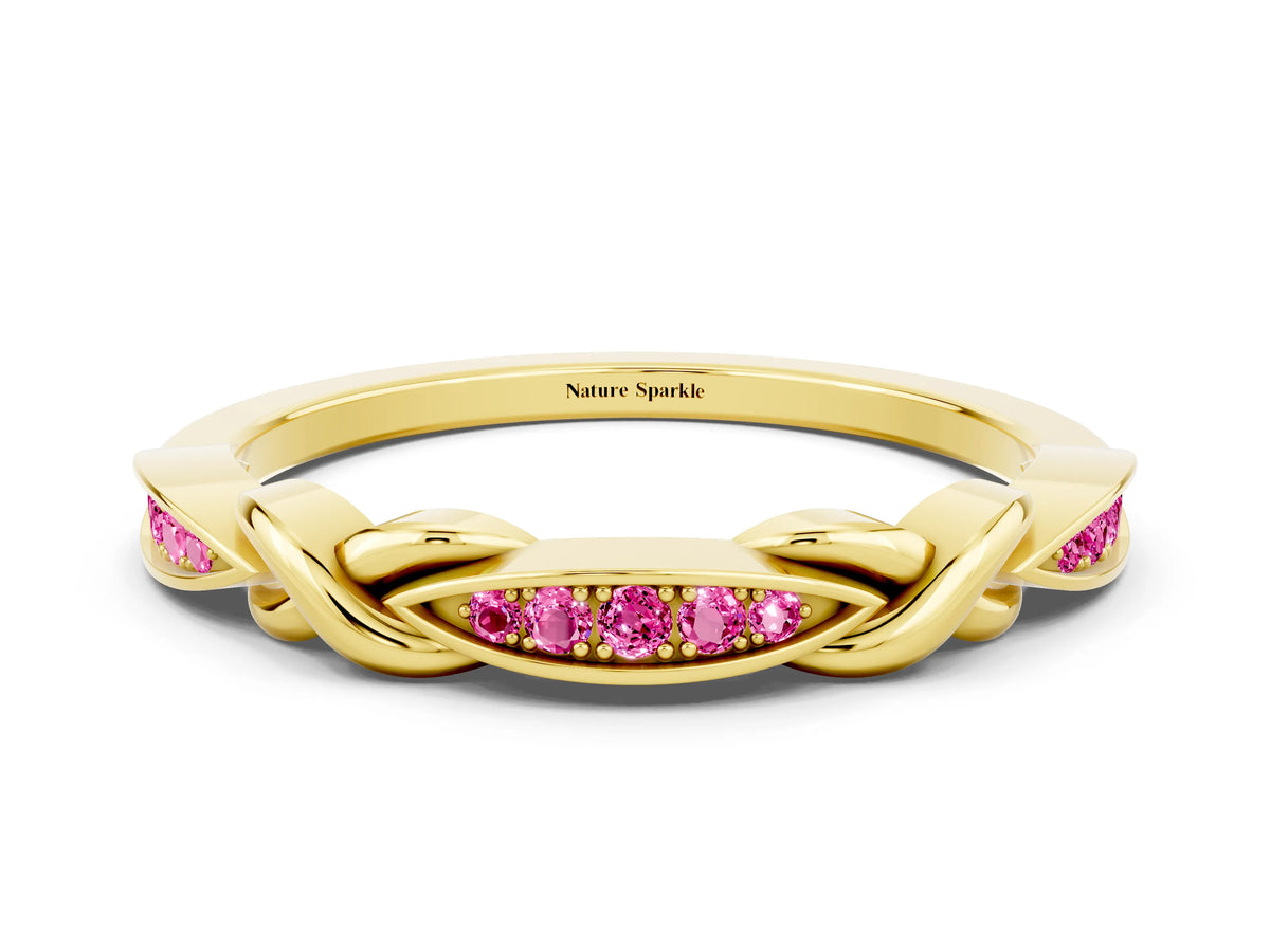 Twisted Marquise Pink Sapphire Pavé Band in Yellow gold with Shared Prong Setting