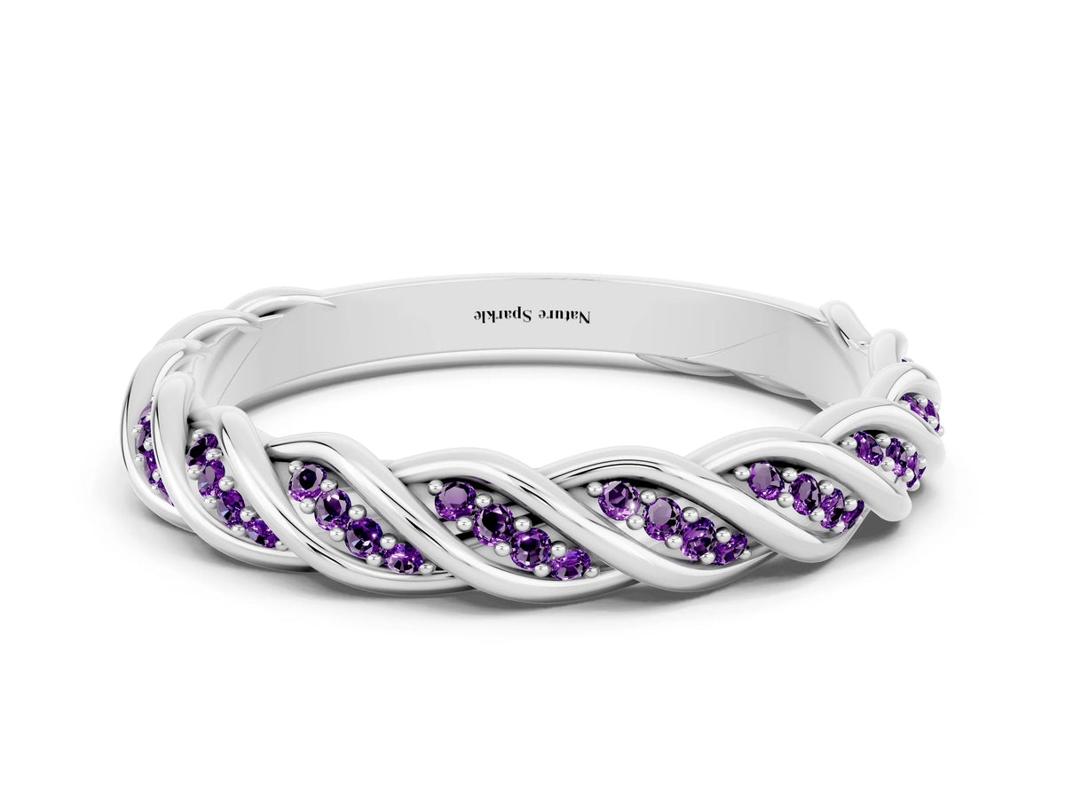 Twisted Pavé Round Amethyst Eternity Band in Platinum with Shared Prong Setting
