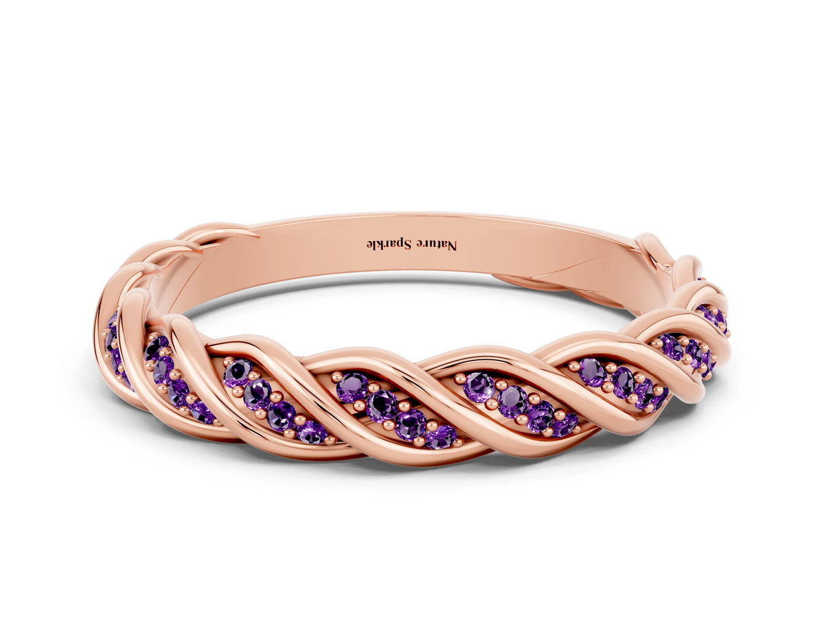 Twisted Pavé Round Amethyst Eternity Band in Rose gold with Shared Prong Setting