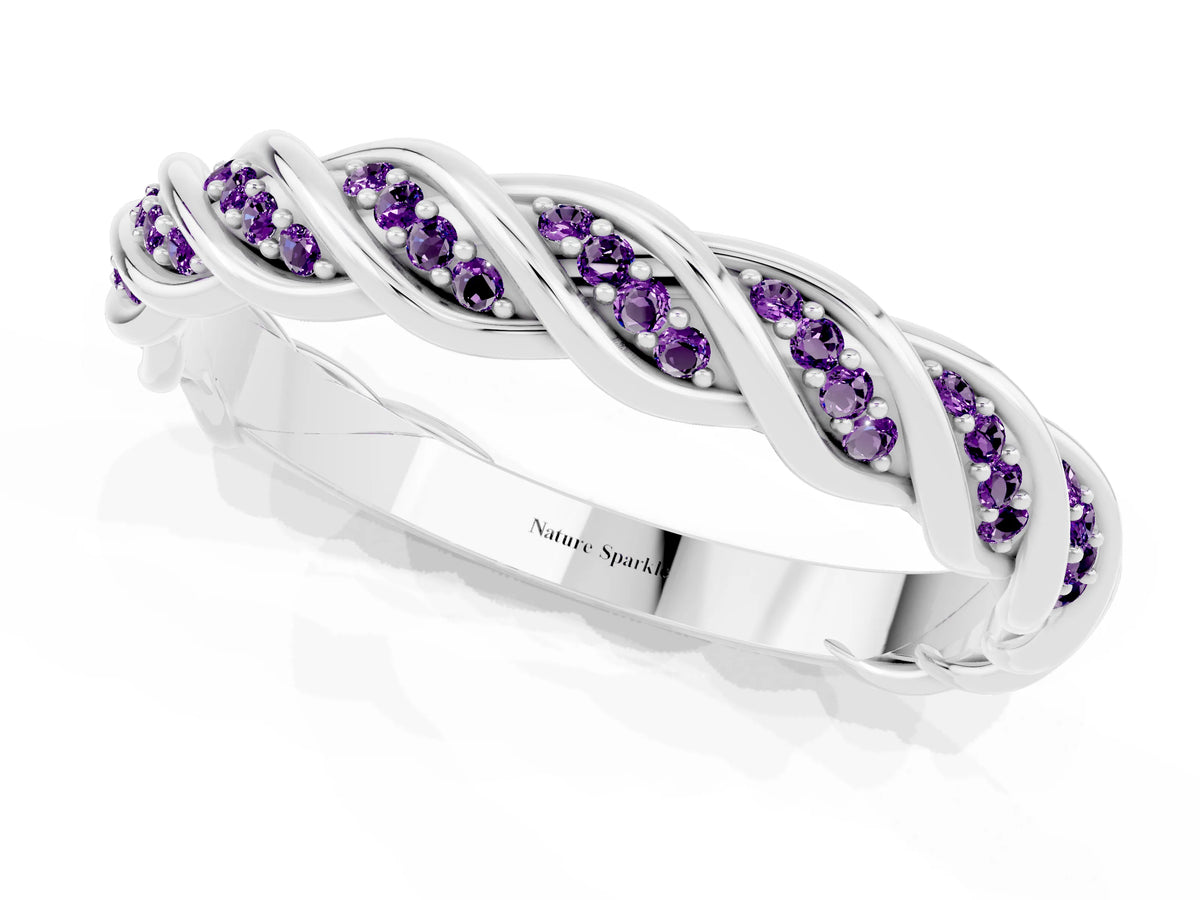 Twisted Pavé Round Amethyst Eternity Band in White gold with Shared Prong Setting_1